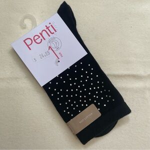 Penti Black Ribbed Crew Socks Rhinestone Cotton Sparkle Dressy Casual